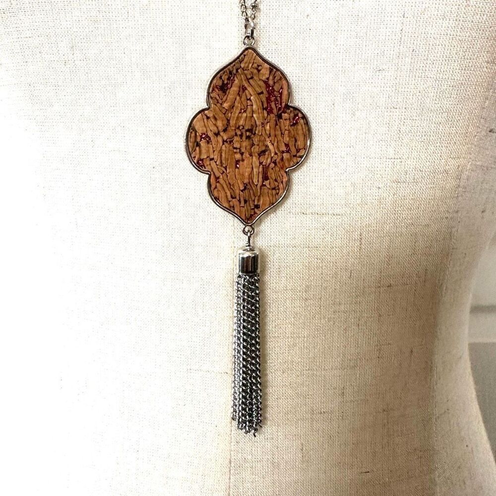 Cork silver tone Moroccan inspired  tassel pendant necklace